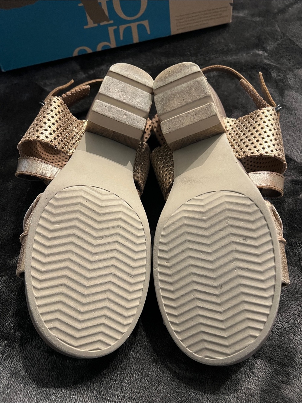 OTBT Leather Gold Metallic Perforated Block Heel Sandals - Picture 5 of 9